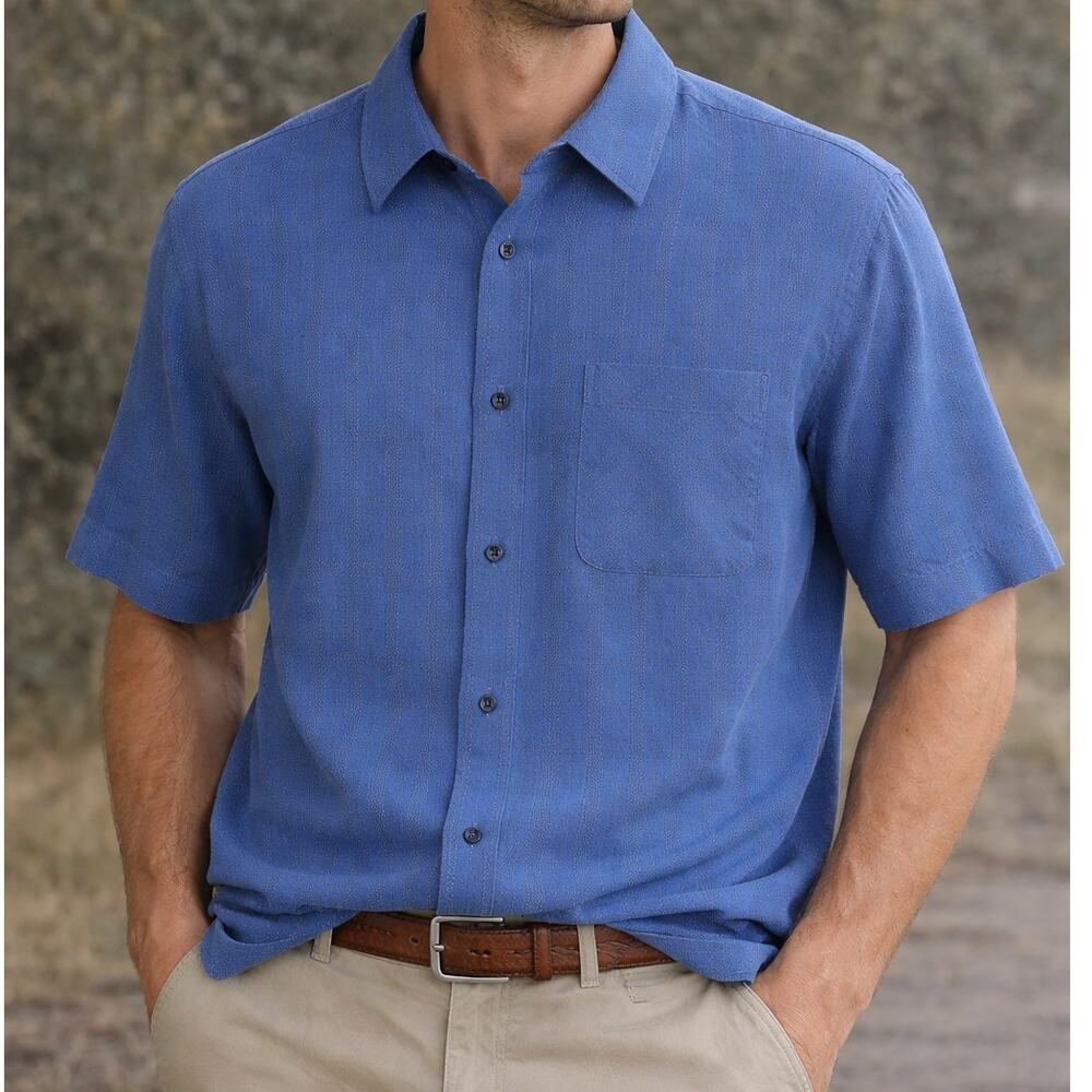 Caribbean Blues Blue Short Sleeve Button Up Shirt Men’s M Modal Rayon